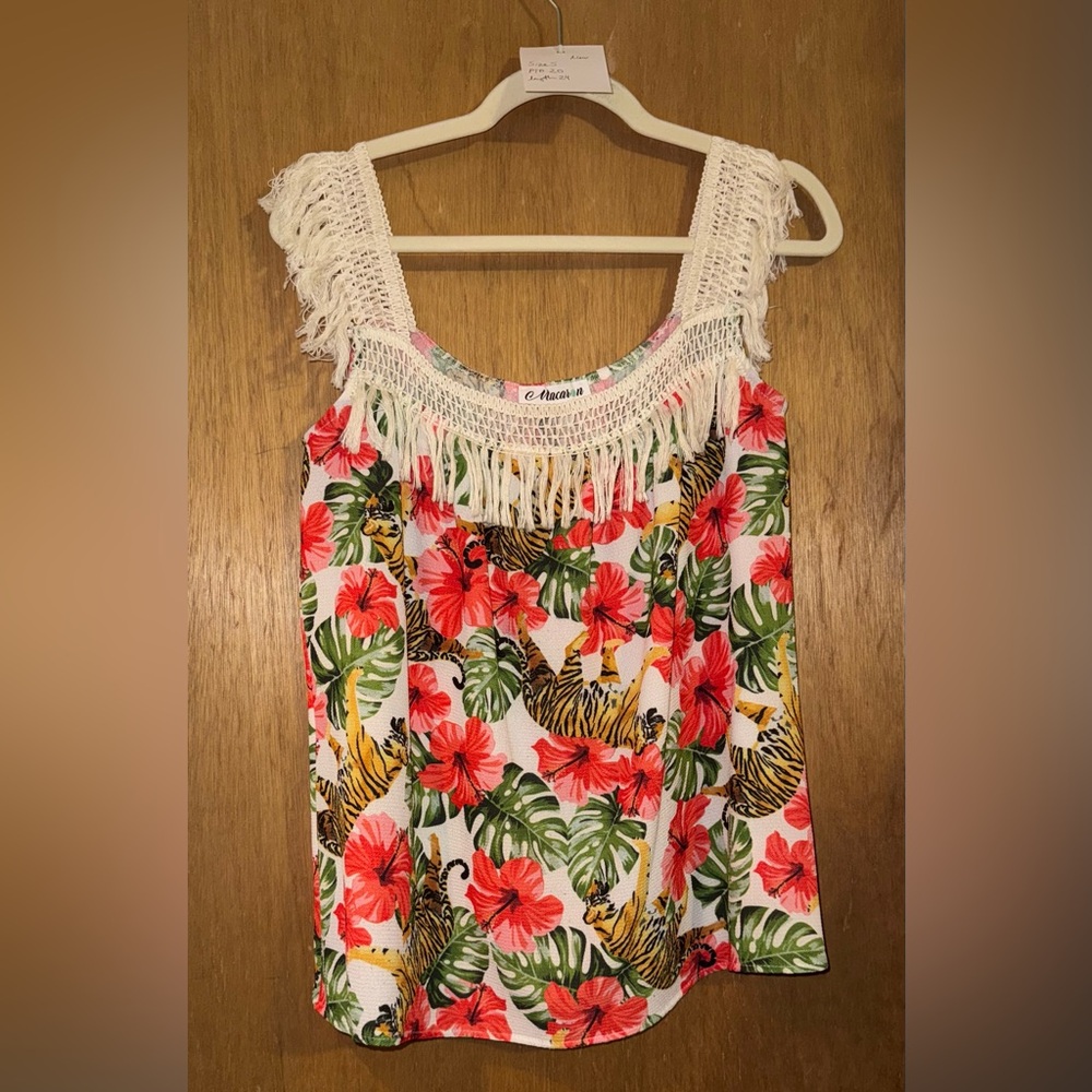 Macaroon Floral Fringe Tank Tiger Print and Fringe, Size S